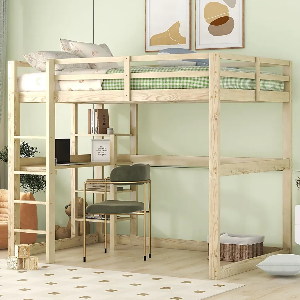 Lit Mezzanine 140x200 cm - Lit en Bois avec Bureau et 4 Compartiments de Rangement, Lit en Pin Naturel, Sans Matelas