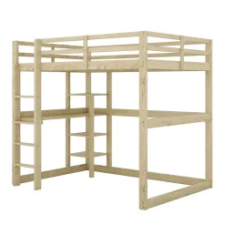 Lit Mezzanine 140x200 cm - Lit en Bois avec Bureau et 4 Compartiments de Rangement, Lit en Pin Naturel, Sans Matelas