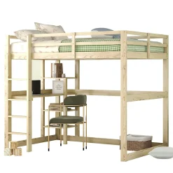 Lit Mezzanine 140x200 cm - Lit en Bois avec Bureau et 4 Compartiments de Rangement, Lit en Pin Naturel, Sans Matelas