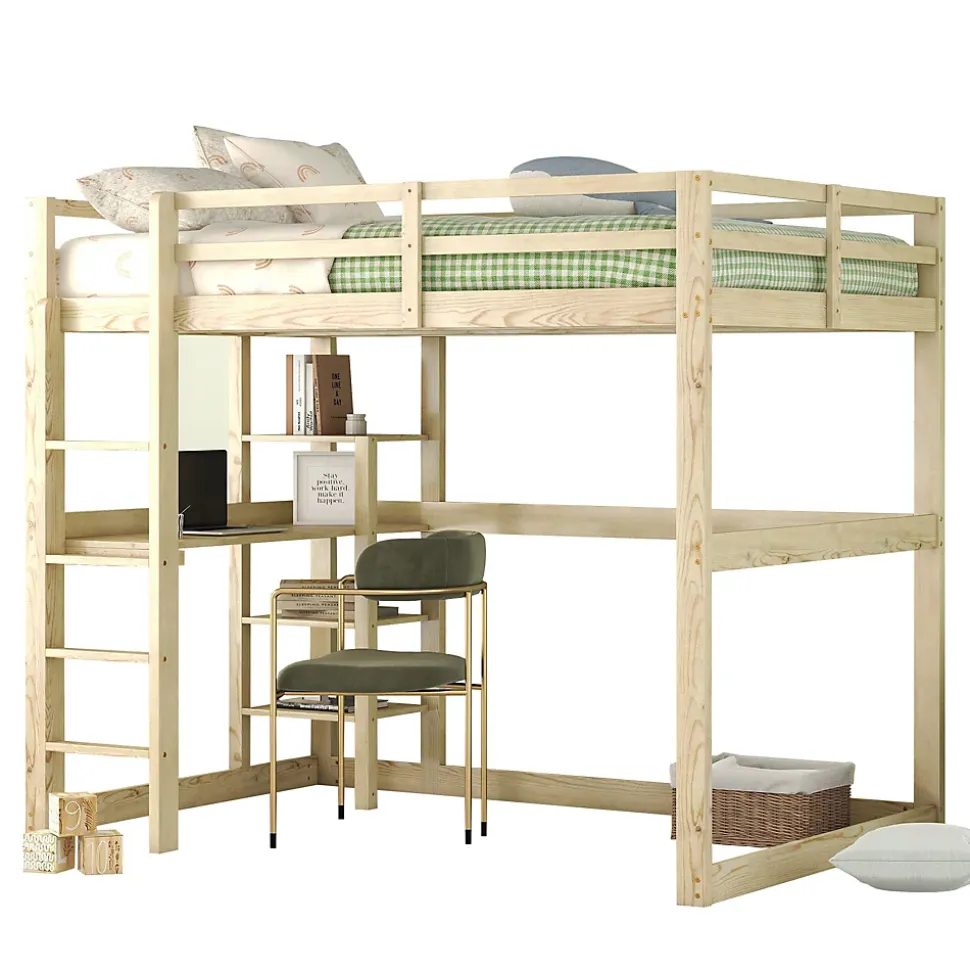 Lit Mezzanine 140x200 cm - Lit en Bois avec Bureau et 4 Compartiments de Rangement, Lit en Pin Naturel, Sans Matelas