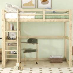 Lit Mezzanine 140x200 cm - Lit en Bois avec Bureau et 4 Compartiments de Rangement, Lit en Pin Naturel, Sans Matelas