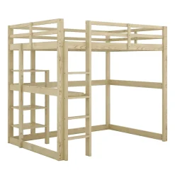 Lit Mezzanine 140x200 cm - Lit en Bois avec Bureau et 4 Compartiments de Rangement, Lit en Pin Naturel, Sans Matelas