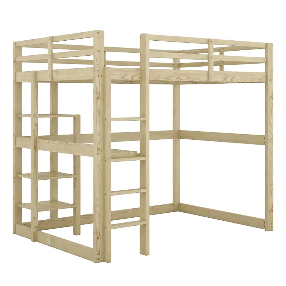 Lit Mezzanine 140x200 cm - Lit en Bois avec Bureau et 4 Compartiments de Rangement, Lit en Pin Naturel, Sans Matelas