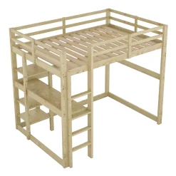 Lit Mezzanine 140x200 cm - Lit en Bois avec Bureau et 4 Compartiments de Rangement, Lit en Pin Naturel, Sans Matelas