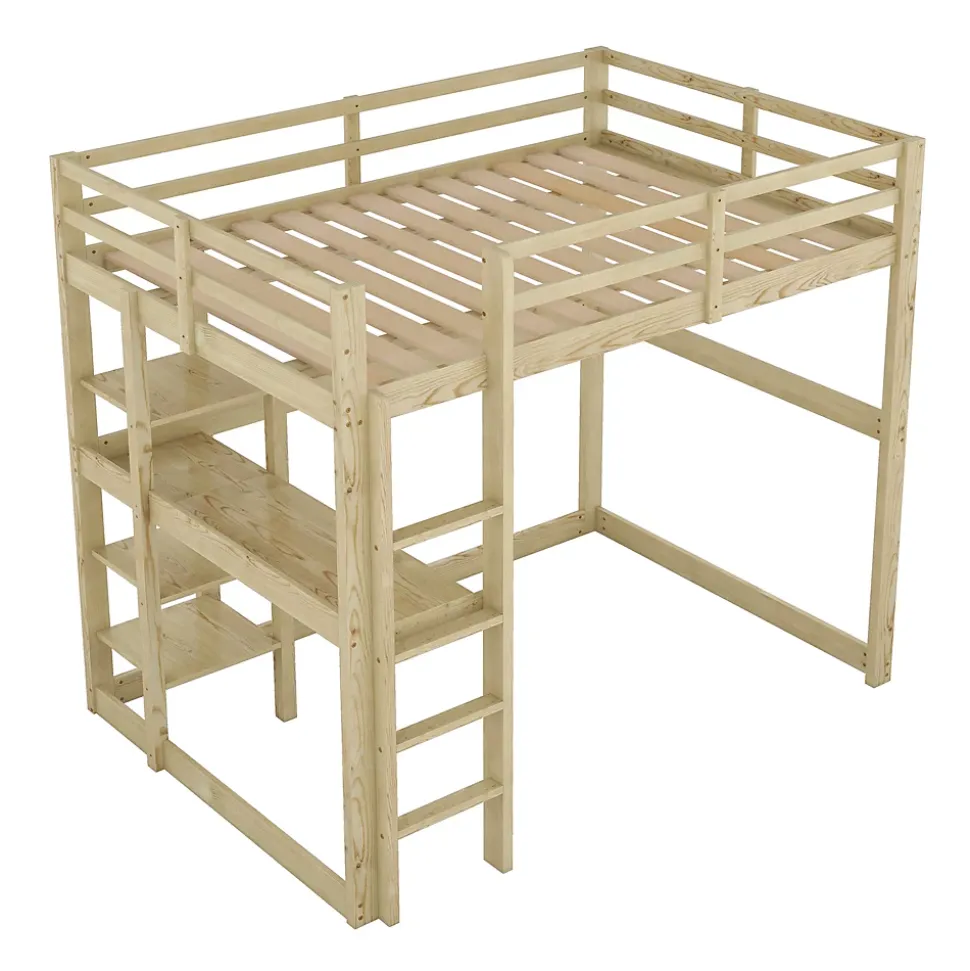 Lit Mezzanine 140x200 cm - Lit en Bois avec Bureau et 4 Compartiments de Rangement, Lit en Pin Naturel, Sans Matelas