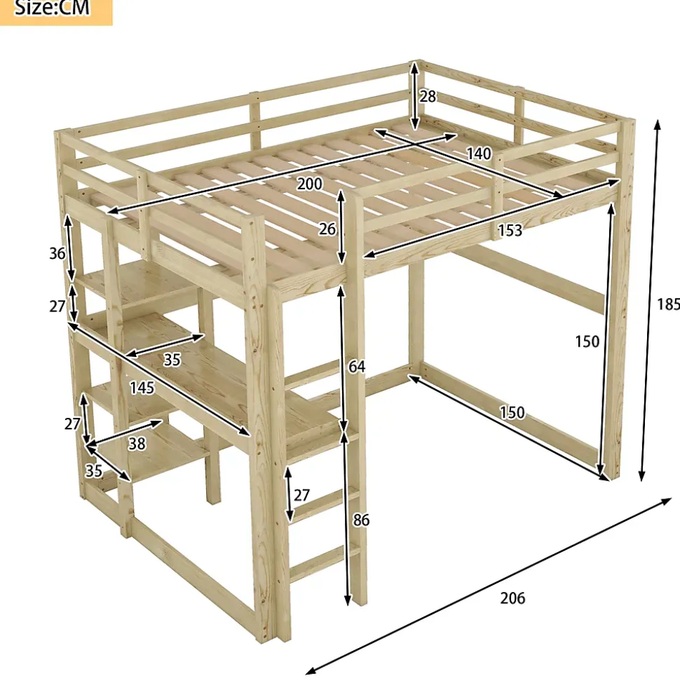 Lit Mezzanine 140x200 cm - Lit en Bois avec Bureau et 4 Compartiments de Rangement, Lit en Pin Naturel, Sans Matelas