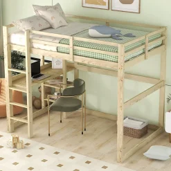 Lit Mezzanine 140x200 cm - Lit en Bois avec Bureau et 4 Compartiments de Rangement, Lit en Pin Naturel, Sans Matelas