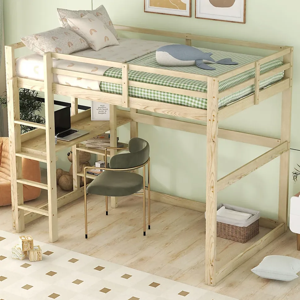 Lit Mezzanine 140x200 cm - Lit en Bois avec Bureau et 4 Compartiments de Rangement, Lit en Pin Naturel, Sans Matelas