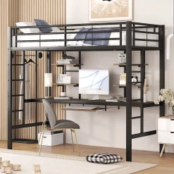 Lit Mezzanine 90x200 cm - Lit enfant avec Bureau et 2 Étagères - Métal + MDF - Sans Matelas - Noir