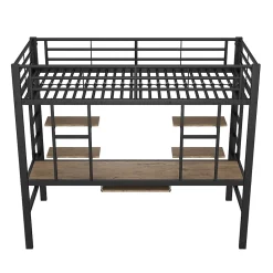 Lit Mezzanine 90x200 cm - Lit enfant avec Bureau et 2 Étagères - Métal + MDF - Sans Matelas - Noir