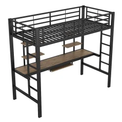 Lit Mezzanine 90x200 cm - Lit enfant avec Bureau et 2 Étagères - Métal + MDF - Sans Matelas - Noir