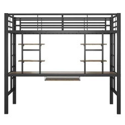 Lit Mezzanine 90x200 cm - Lit enfant avec Bureau et 2 Étagères - Métal + MDF - Sans Matelas - Noir