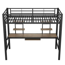 Lit Mezzanine 90x200 cm - Lit enfant avec Bureau et 2 Étagères - Métal + MDF - Sans Matelas - Noir