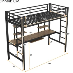 Lit Mezzanine 90x200 cm - Lit enfant avec Bureau et 2 Étagères - Métal + MDF - Sans Matelas - Noir