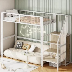 Lit Mezzanine 90x200 cm - Lit enfant avec Rangement, Armoire Intégrée, Étagères et Échelle Sécurisée, Métal Blanc