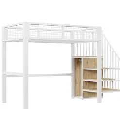 Lit Mezzanine 90x200 cm - Lit enfant avec Rangement, Armoire Intégrée, Étagères et Échelle Sécurisée, Métal Blanc