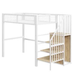 Lit Mezzanine 90x200 cm - Lit enfant avec Rangement, Armoire Intégrée, Étagères et Échelle Sécurisée, Métal Blanc
