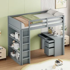 Lit Mezzanine 90x200 cm - Lit enfant avec Bureau et Rangement, Lit Combiné en Bois de Pin Gris, Sans Matelas