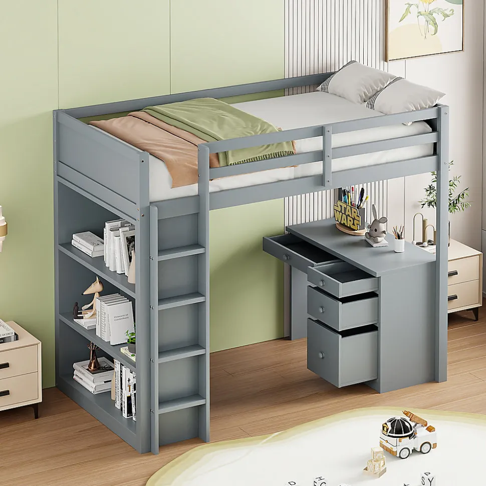 Lit Mezzanine 90x200 cm - Lit enfant avec Bureau et Rangement, Lit Combiné en Bois de Pin Gris, Sans Matelas