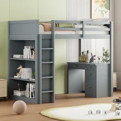 Lit Mezzanine 90x200 cm - Lit enfant avec Bureau et Rangement, Lit Combiné en Bois de Pin Gris, Sans Matelas
