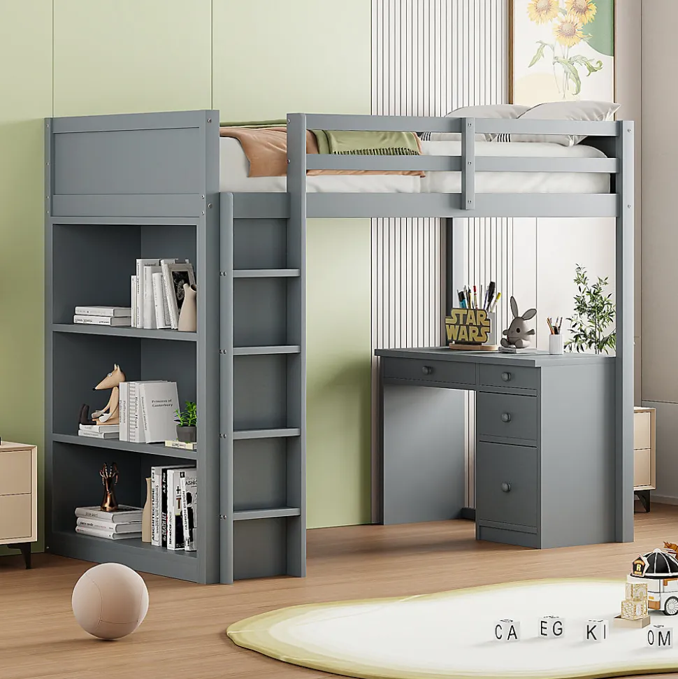 Lit Mezzanine 90x200 cm - Lit enfant avec Bureau et Rangement, Lit Combiné en Bois de Pin Gris, Sans Matelas