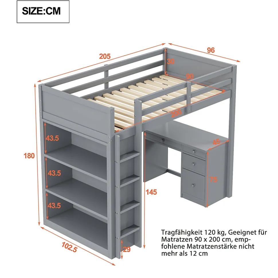Lit Mezzanine 90x200 cm - Lit enfant avec Bureau et Rangement, Lit Combiné en Bois de Pin Gris, Sans Matelas