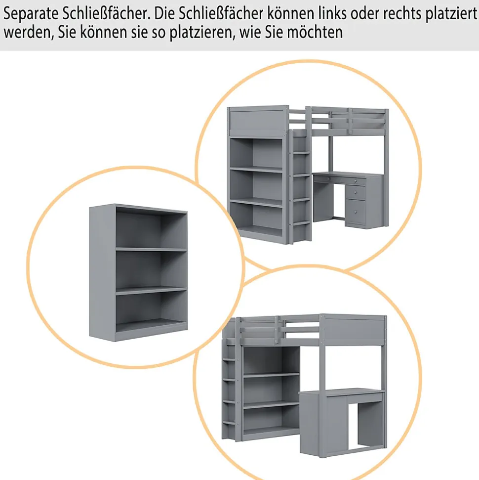 Lit Mezzanine 90x200 cm - Lit enfant avec Bureau et Rangement, Lit Combiné en Bois de Pin Gris, Sans Matelas