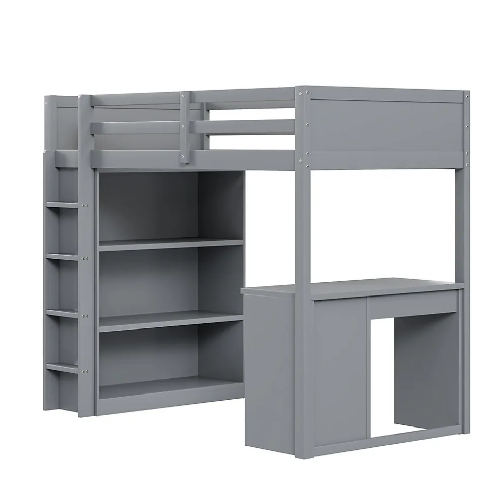 Lit Mezzanine 90x200 cm - Lit enfant avec Bureau et Rangement, Lit Combiné en Bois de Pin Gris, Sans Matelas