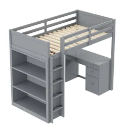 Lit Mezzanine 90x200 cm - Lit enfant avec Bureau et Rangement, Lit Combiné en Bois de Pin Gris, Sans Matelas