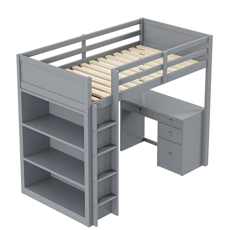 Lit Mezzanine 90x200 cm - Lit enfant avec Bureau et Rangement, Lit Combiné en Bois de Pin Gris, Sans Matelas