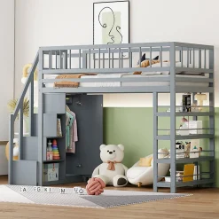 Lit Mezzanine 90x200 cm - Lit enfant avec Garde-Corps Sécurisé et Armoire Intégrée - Étagères Pratiques - Bois Massif - Gris