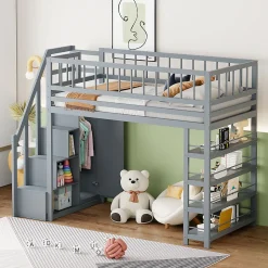 Lit Mezzanine 90x200 cm - Lit enfant avec Garde-Corps Sécurisé et Armoire Intégrée - Étagères Pratiques - Bois Massif - Gris