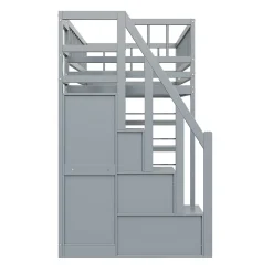 Lit Mezzanine 90x200 cm - Lit enfant avec Garde-Corps Sécurisé et Armoire Intégrée - Étagères Pratiques - Bois Massif - Gris
