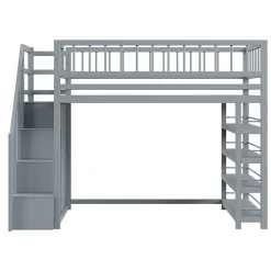 Lit Mezzanine 90x200 cm - Lit enfant avec Garde-Corps Sécurisé et Armoire Intégrée - Étagères Pratiques - Bois Massif - Gris