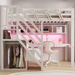 Lit Mezzanine 90x200 cm - Lit Enfant avec Escalier et Rangement, Bureau Intégré avec LED et USB - Sans Matelas - Bois Blanc