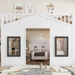 Lit Mezzanine 90x200 cm - Lit Mezzanine enfant avec Échelle, Protection Anti-Chute et Fenêtres, Design Bois, Blanc - Sans Matelas