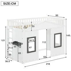 Lit Mezzanine 90x200 cm - Lit Mezzanine enfant avec Échelle, Protection Anti-Chute et Fenêtres, Design Bois, Blanc - Sans Matelas