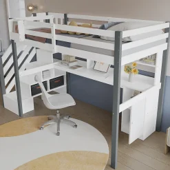 Lit Mezzanine 90x200 cm - Lit Mezzanine Ado avec Bureau, Rangement et Étagères, Pin et MDF, Blanc et Gris, Sans Matelas