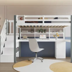 Lit Mezzanine 90x200 cm - Lit Mezzanine Ado avec Bureau, Rangement et Étagères, Pin et MDF, Blanc et Gris, Sans Matelas