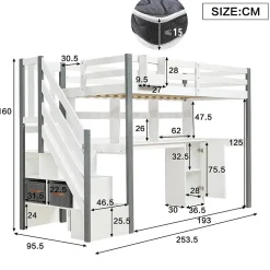 Lit Mezzanine 90x200 cm - Lit Mezzanine Ado avec Bureau, Rangement et Étagères, Pin et MDF, Blanc et Gris, Sans Matelas