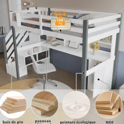 Lit Mezzanine 90x200 cm - Lit Mezzanine Ado avec Bureau, Rangement et Étagères, Pin et MDF, Blanc et Gris, Sans Matelas