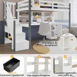 Lit Mezzanine 90x200 cm - Lit Mezzanine Ado avec Bureau, Rangement et Étagères, Pin et MDF, Blanc et Gris, Sans Matelas