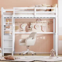 Lit Mezzanine 90x200 cm - Lit Simple avec Bureau et 6 Tiroirs, Étagères de Rangement, Bois de Pin et MDF, Blanc - Sans Matelas