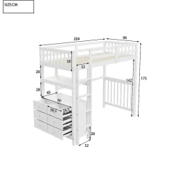Lit Mezzanine 90x200 cm - Lit Simple avec Bureau et 6 Tiroirs, Étagères de Rangement, Bois de Pin et MDF, Blanc - Sans Matelas