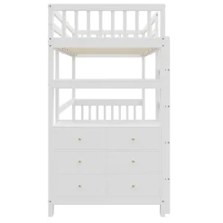 Lit Mezzanine 90x200 cm - Lit Simple avec Bureau et 6 Tiroirs, Étagères de Rangement, Bois de Pin et MDF, Blanc - Sans Matelas