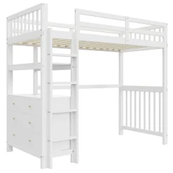 Lit Mezzanine 90x200 cm - Lit Simple avec Bureau et 6 Tiroirs, Étagères de Rangement, Bois de Pin et MDF, Blanc - Sans Matelas