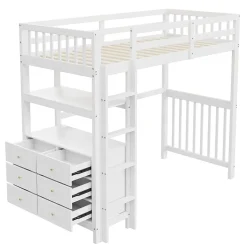 Lit Mezzanine 90x200 cm - Lit Simple avec Bureau et 6 Tiroirs, Étagères de Rangement, Bois de Pin et MDF, Blanc - Sans Matelas