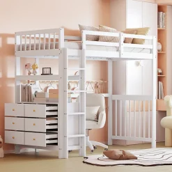 Lit Mezzanine 90x200 cm - Lit Simple avec Bureau et 6 Tiroirs, Étagères de Rangement, Bois de Pin et MDF, Blanc - Sans Matelas