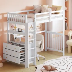 Lit Mezzanine 90x200 cm - Lit Simple avec Bureau et 6 Tiroirs, Étagères de Rangement, Bois de Pin et MDF, Blanc - Sans Matelas