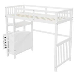 Lit Mezzanine 90x200 cm - Lit Simple avec Bureau et 6 Tiroirs, Étagères de Rangement, Bois de Pin et MDF, Blanc - Sans Matelas